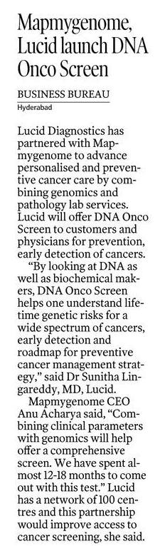 Telangana Today: Mapmygenome, Lucid launch DNA Onco Screen