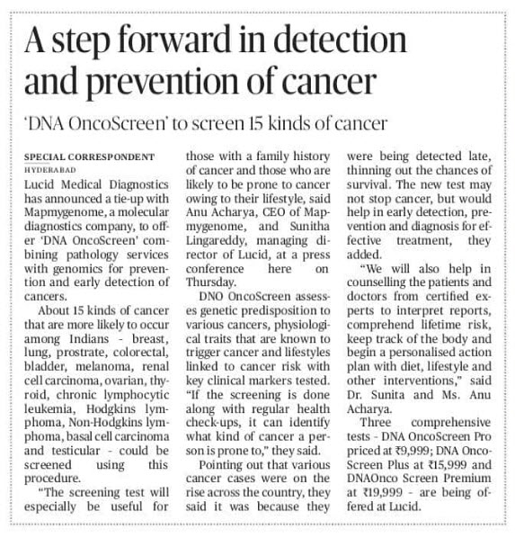 The Hindu: A step forward in detection and prevention of cancer